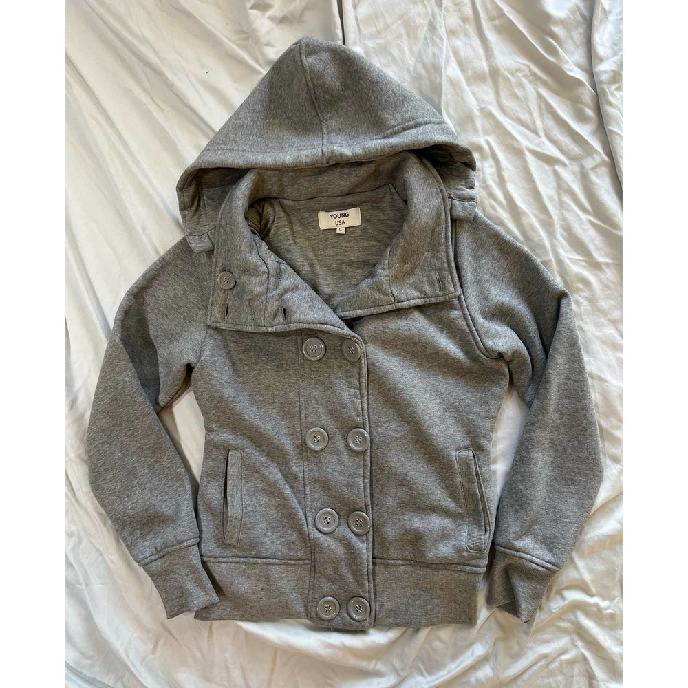 Vintage Young USA Button Up Gray Sweatshirt Coat Detachable Hood size Large